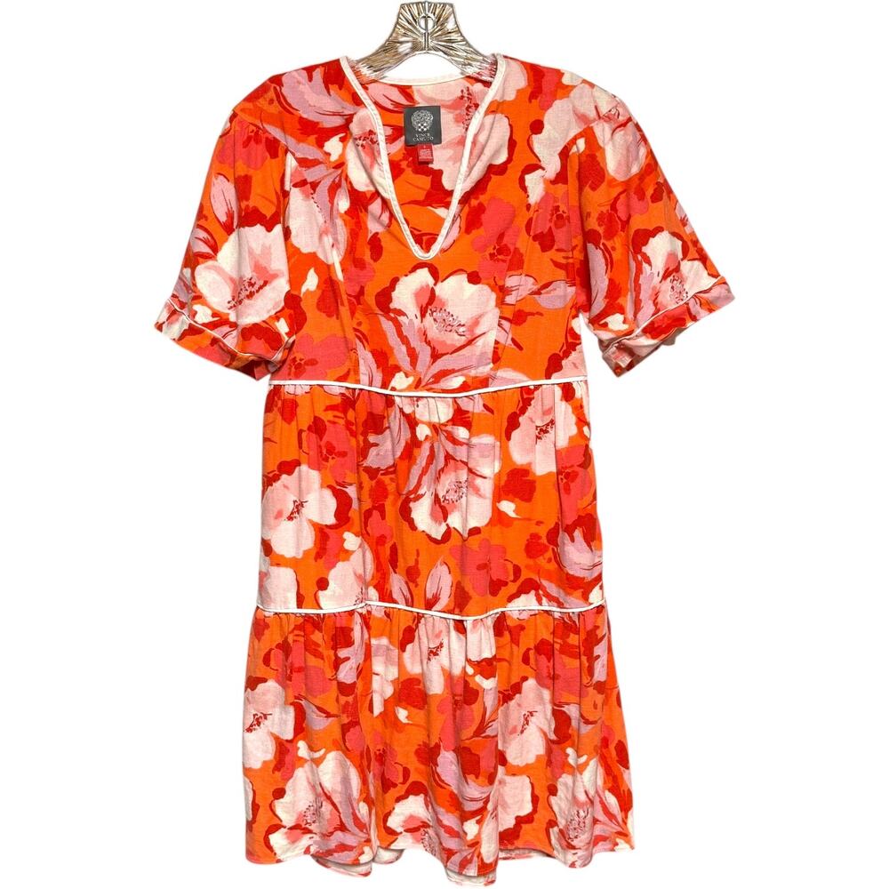 Vince Camuto V-Neck Short Sleeve Linen Dress Floral Pink Red Orange 0
